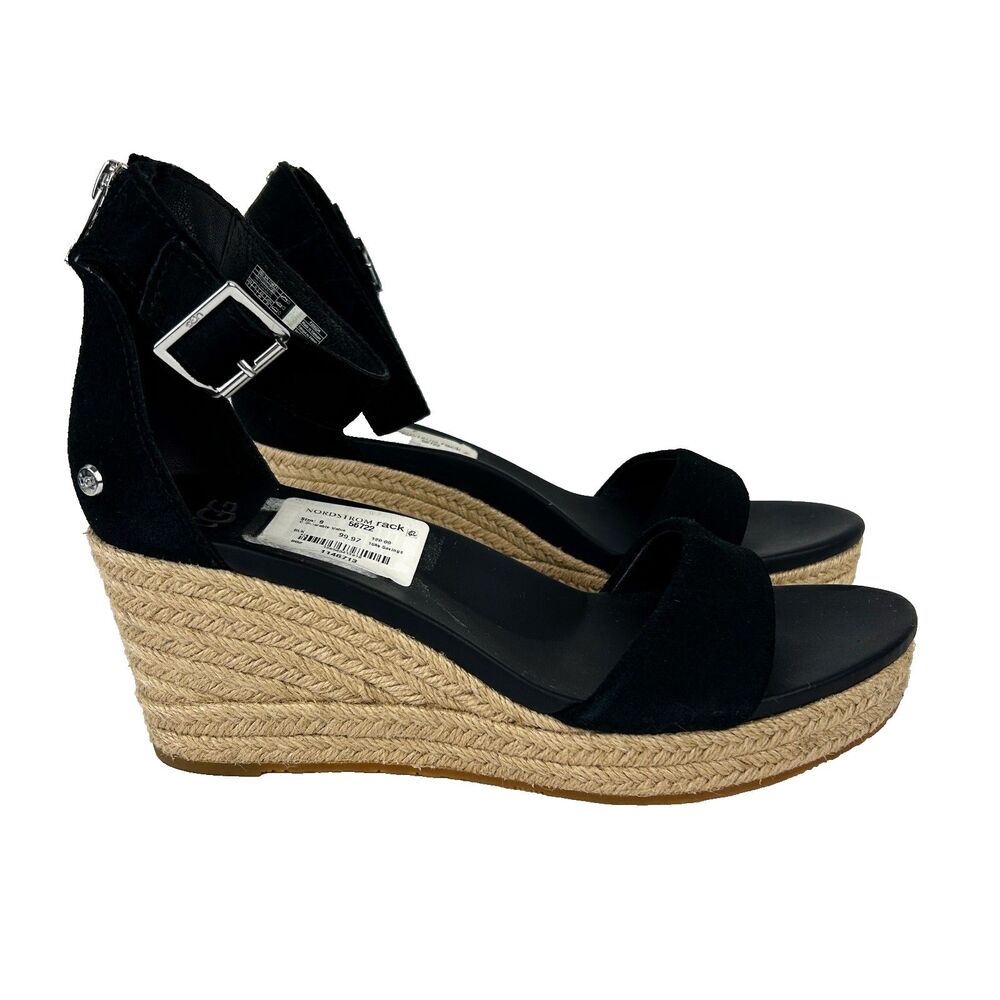 NWT UGG Aylani Wedge Sandals Espadrilles Strappy Open Toe Heels Black Suede sz 9 - Picture 5 of 14